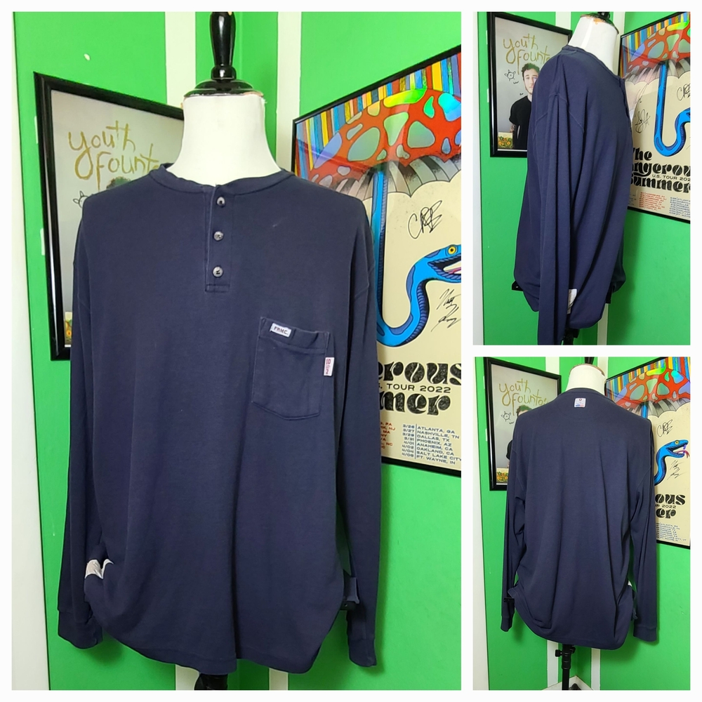 Tyndale FR Men’s 2XL Flame Resistant Long Sleeve Henley Arc Rated USA Navy BLUE